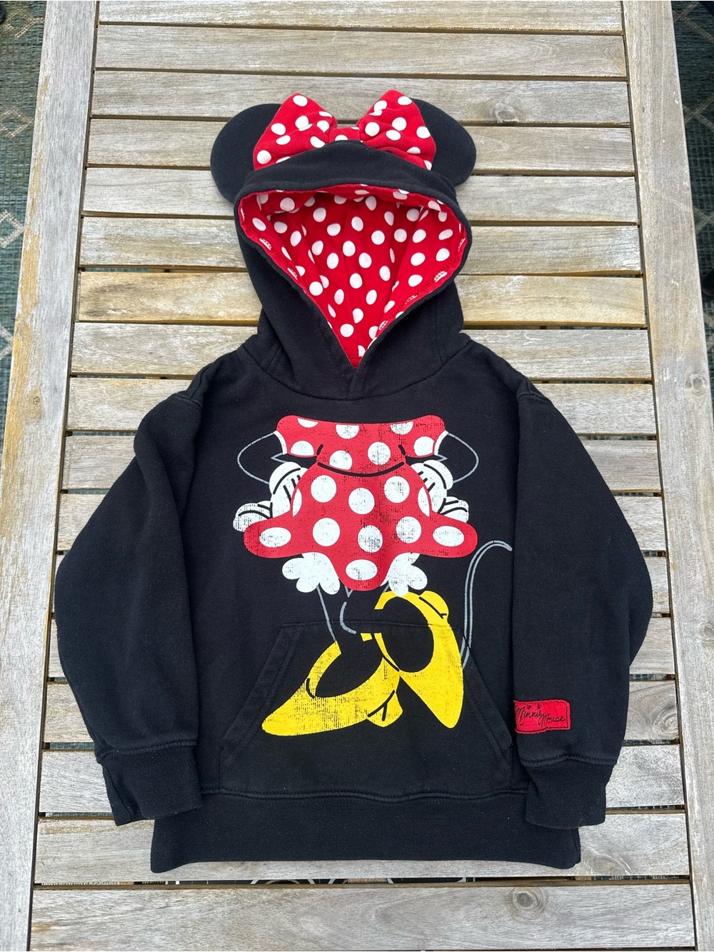 Disney Kids Black Hoodie with Red Polka Dot Hood and Yellow Shoe Graphic